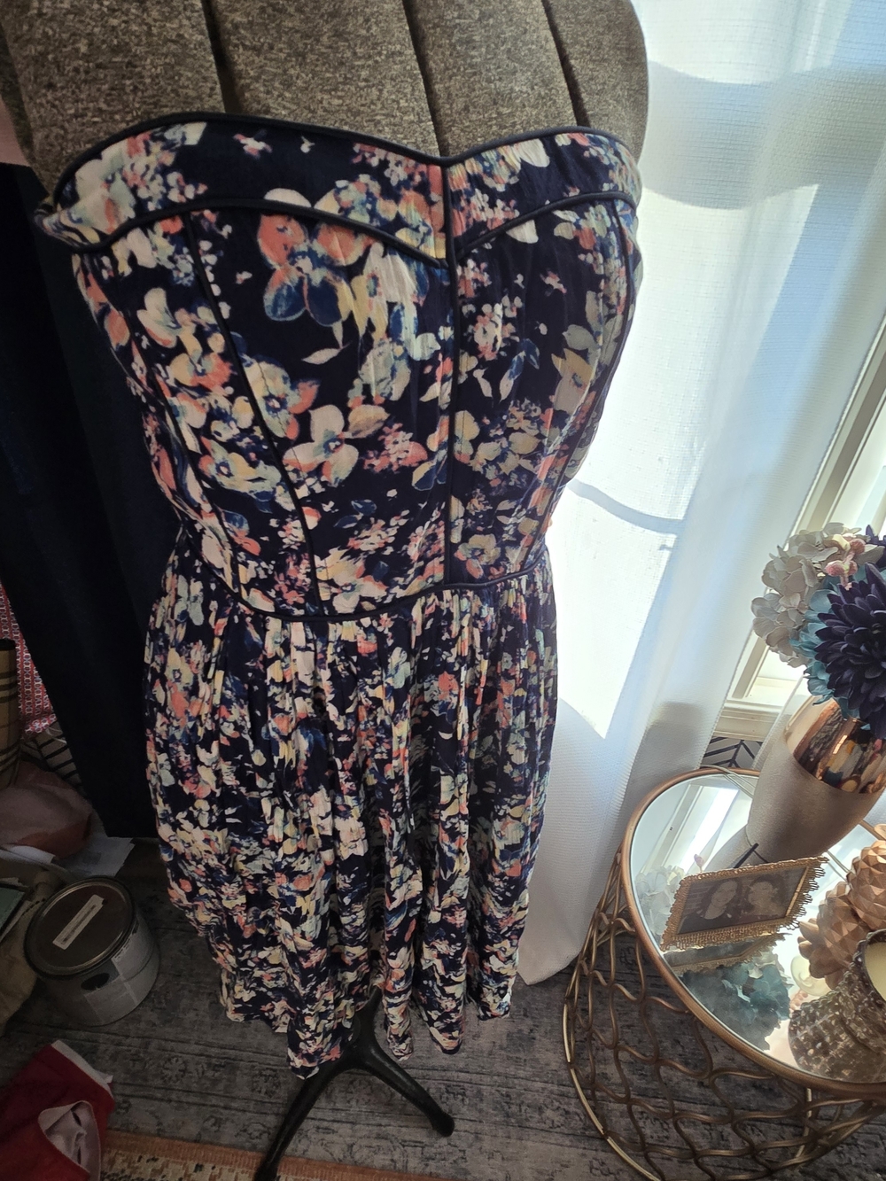 Strapless Navy Floral Midi Dress